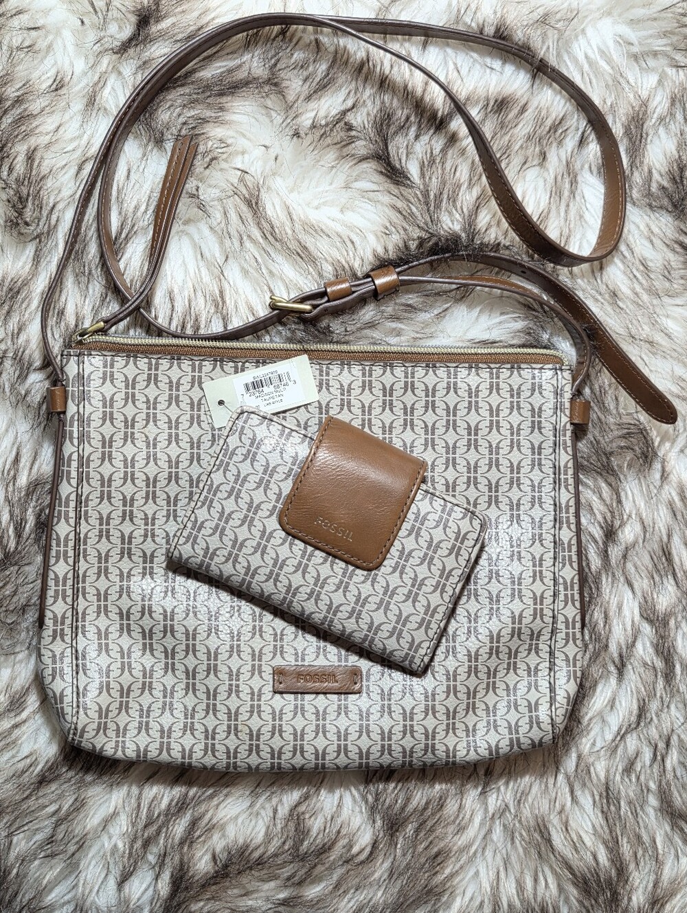 2for1 Fossil Beige and Brown Monogram Crossbody Bag with Matching Wallet